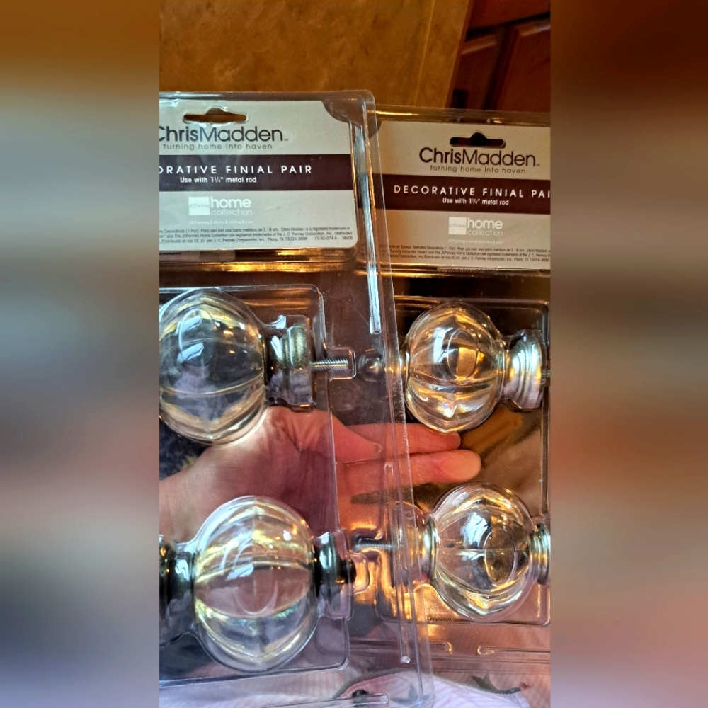 NWT ChrisMadden Decorative Finial Pair Rod Ends Glass "Avery SATIN Nickel"